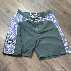 Y2K Anchor Blue ABCO Mens Size 36 Vintage Board Shorts Floral Hibiscus Surf